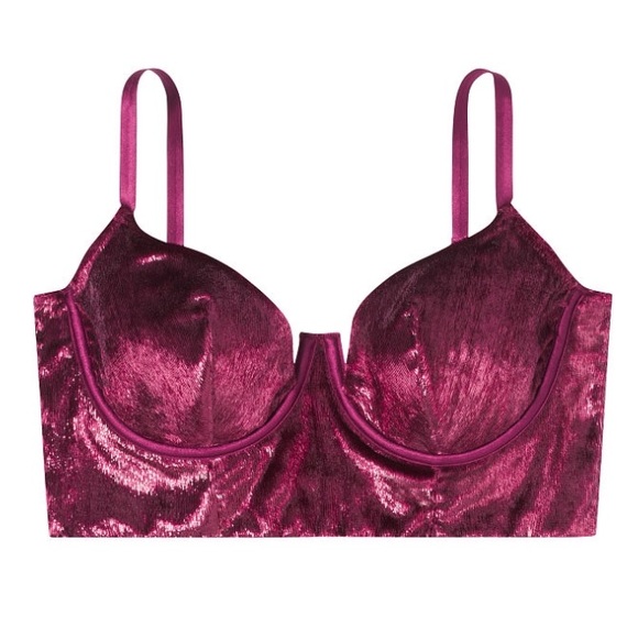 VS Shimmer Velvet Long Line Balconet Bra Red 32B - Picture 3 of 5